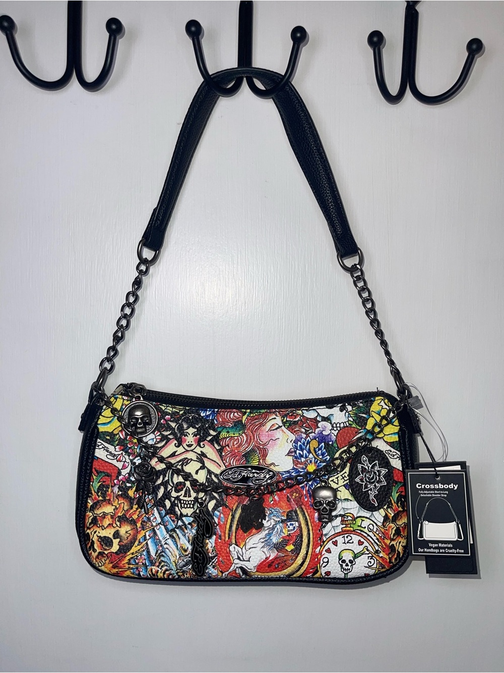 NWT Ed Hardy Black Multi Tattoo-Print Chain Strap Crossbody Bag